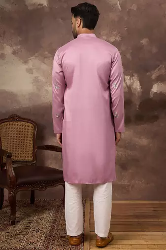 Men pink silk blend solid embroidered straight kurta with trouser