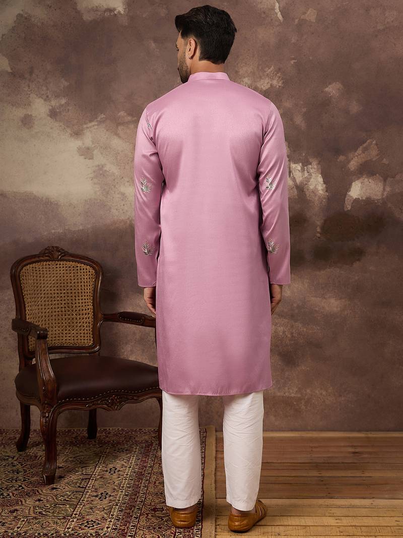 Men pink silk blend solid embroidered straight kurta with trouser