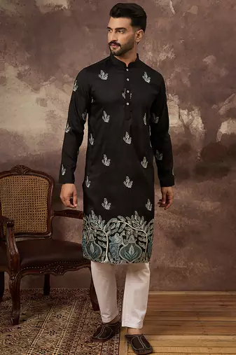 Men black silk blend solid embroidered straight kurta with trouser