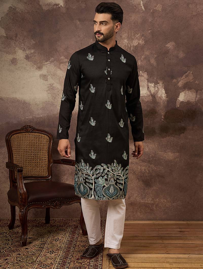 Men black silk blend solid embroidered straight kurta with trouser
