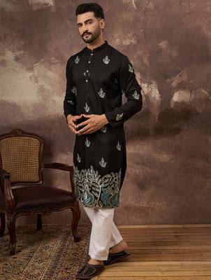 Men black silk blend solid embroidered straight kurta with trouser 3