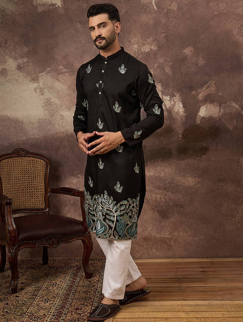 Men black silk blend solid embroidered straight kurta with trouser