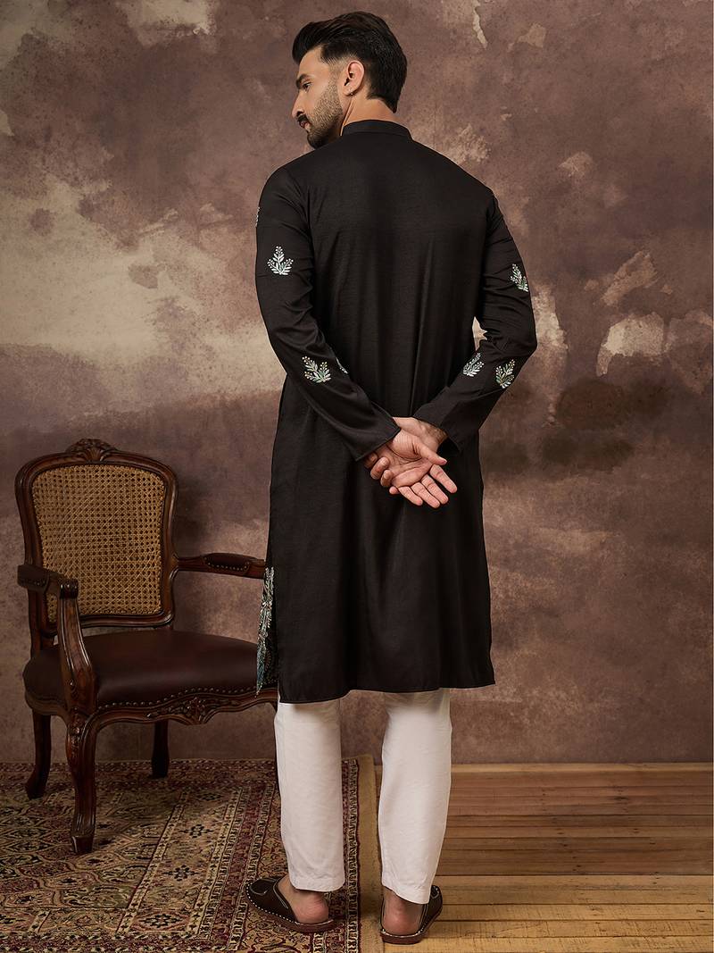 Men black silk blend solid embroidered straight kurta with trouser