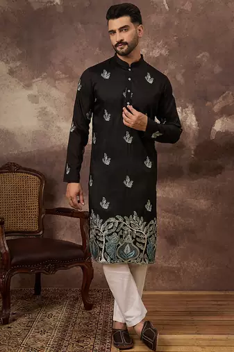 Men black silk blend solid embroidered straight kurta with trouser