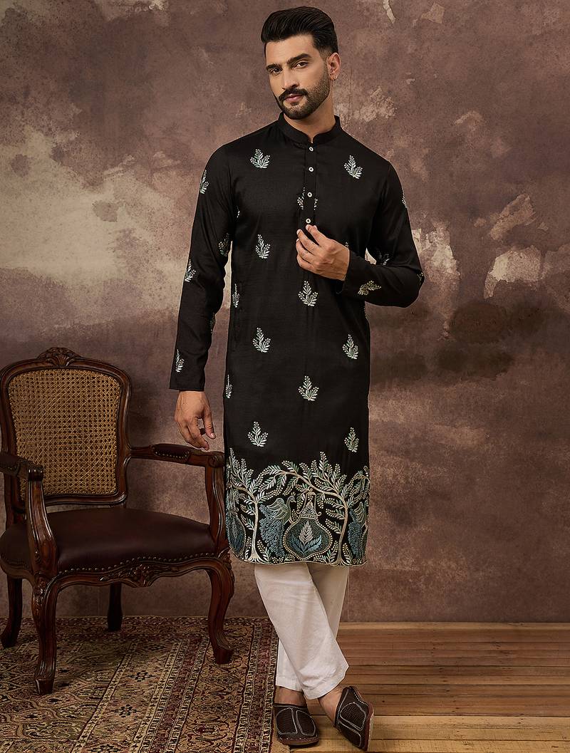 Men black silk blend solid embroidered straight kurta with trouser