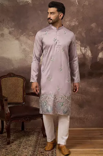 Men lavender silk blend solid embroidered straight kurta with trouser