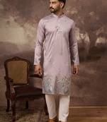 Men lavender silk blend solid embroidered straight kurta with trouser