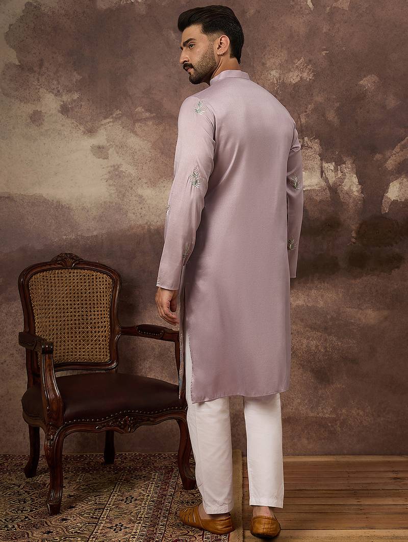 Men lavender silk blend solid embroidered straight kurta with trouser