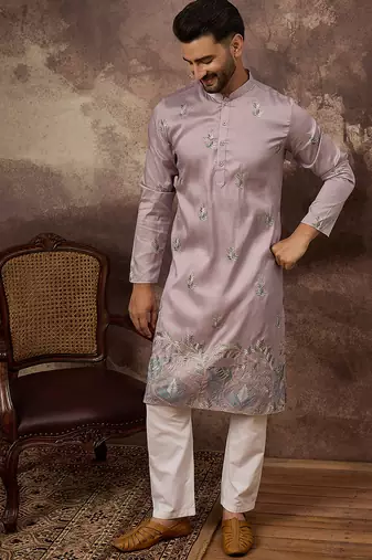Men lavender silk blend solid embroidered straight kurta with trouser