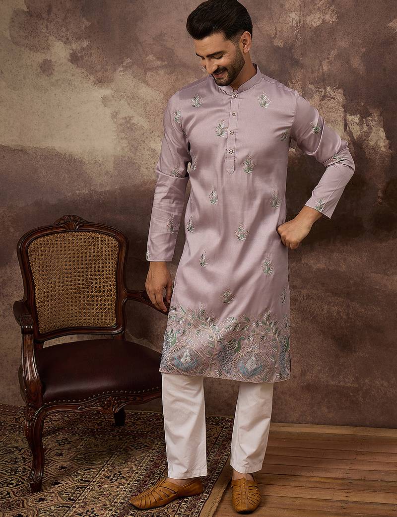 Men lavender silk blend solid embroidered straight kurta with trouser