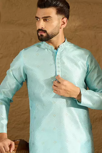 Men blue silk blend solid woven design straight kurta with trouser