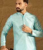 Men blue silk blend solid woven design straight kurta with trouser