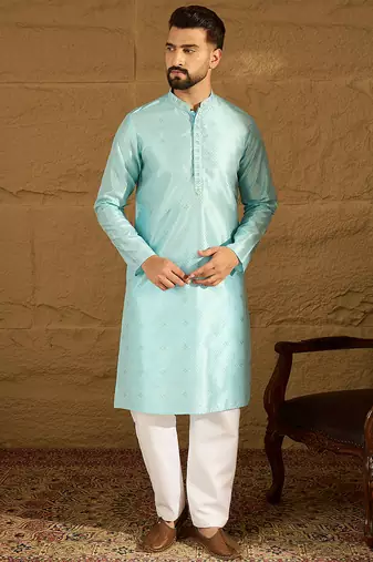 Men blue silk blend solid woven design straight kurta with trouser