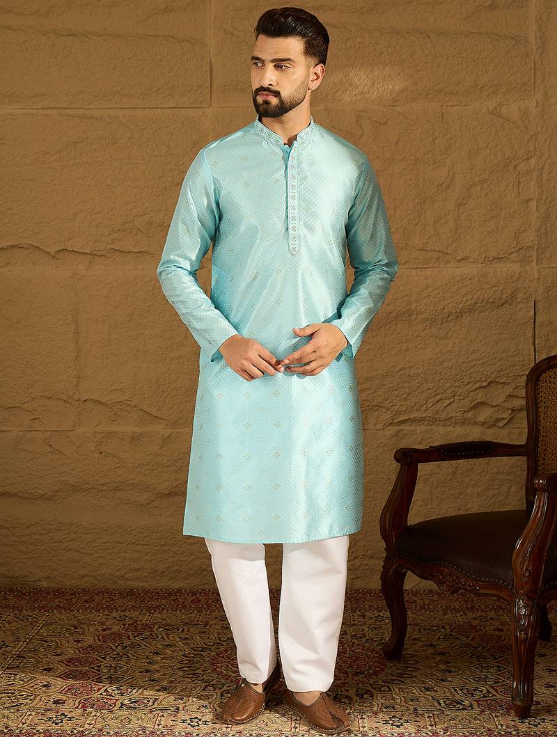 Men blue silk blend solid woven design straight kurta with trouser