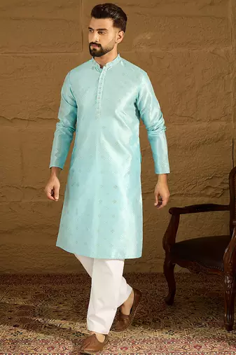 Men blue silk blend solid woven design straight kurta with trouser