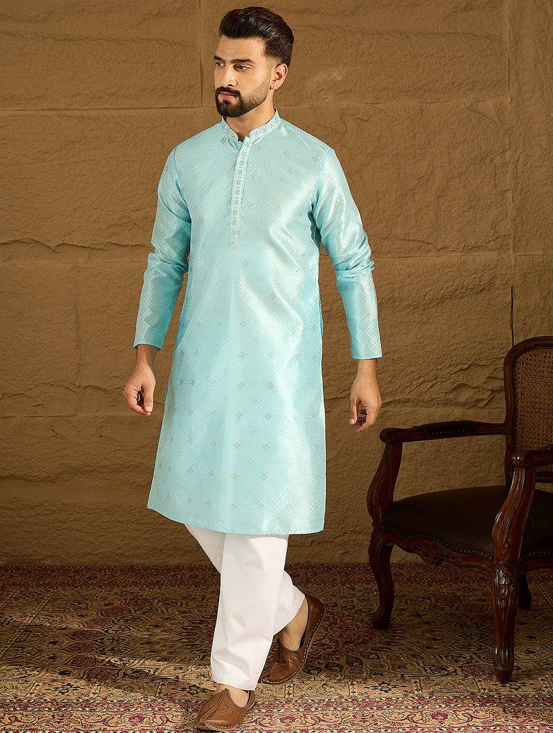 Men blue silk blend solid woven design straight kurta with trouser