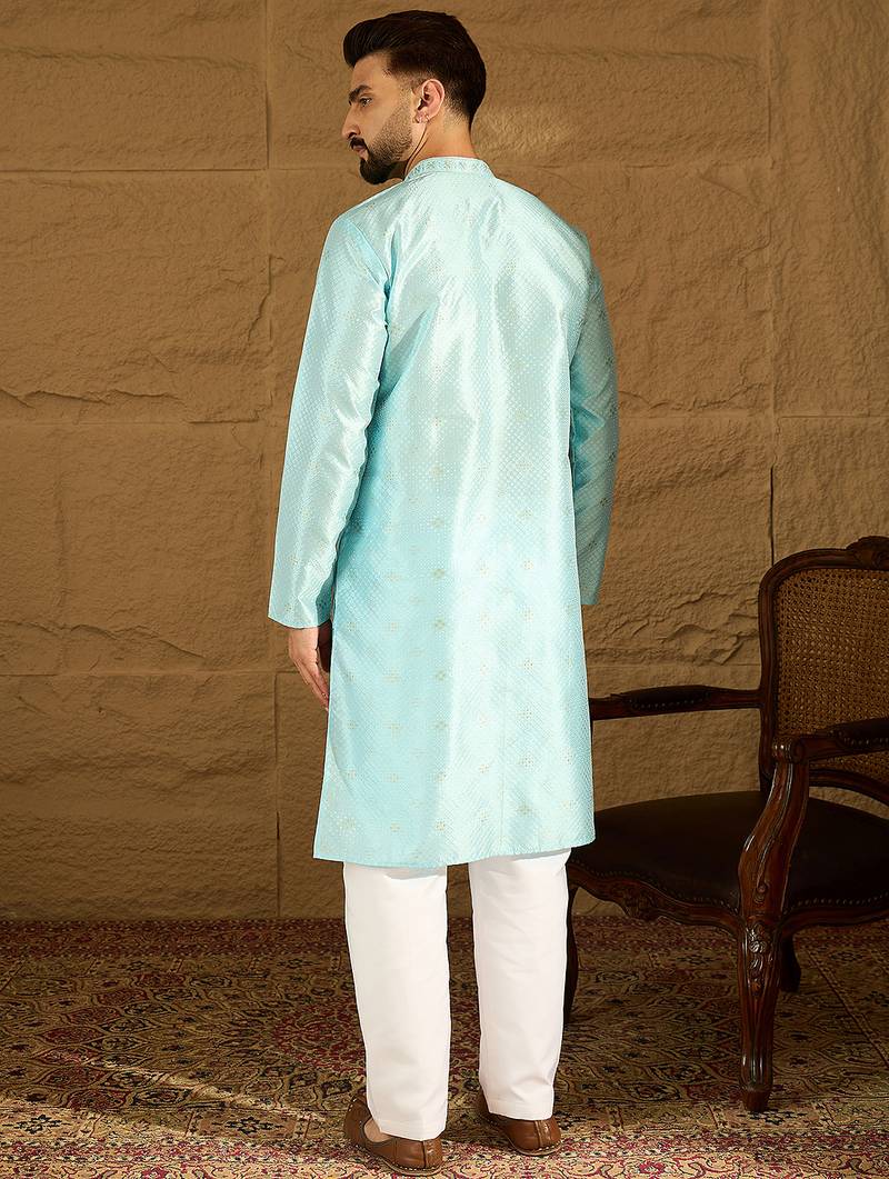 Men blue silk blend solid woven design straight kurta with trouser