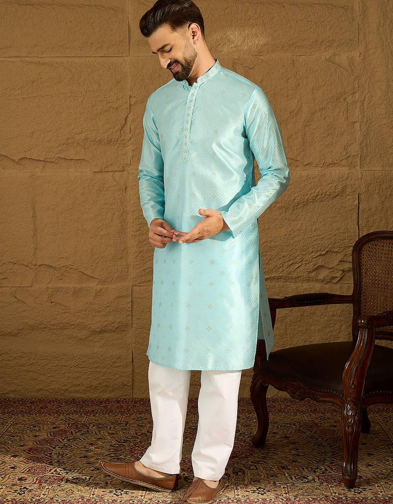 Men blue silk blend solid woven design straight kurta with trouser