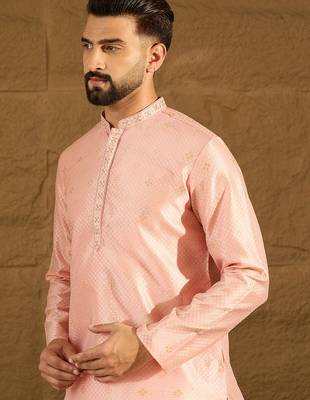 Men peach polyester solid embroidered straight kurta with trouser 1