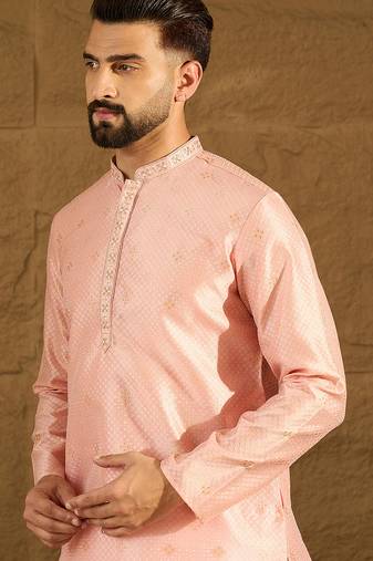 Men peach polyester solid embroidered straight kurta with trouser