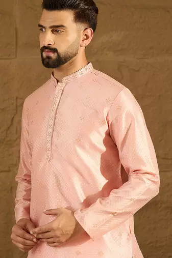 Men peach polyester solid embroidered straight kurta with trouser