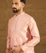 Men peach polyester solid embroidered straight kurta with trouser