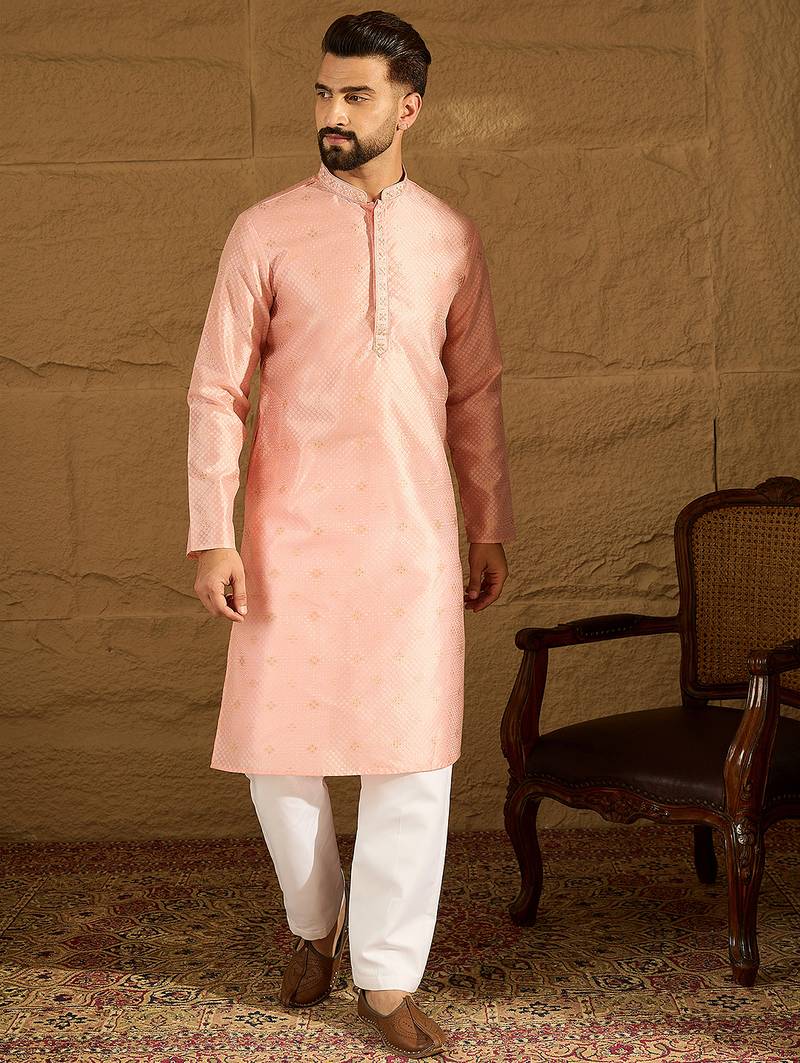 Men peach polyester solid embroidered straight kurta with trouser