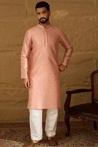 Men peach polyester solid embroidered straight kurta with trouser