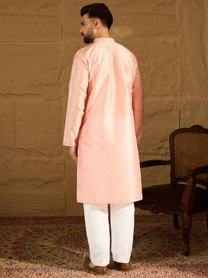 Men peach polyester solid embroidered straight kurta with trouser 4
