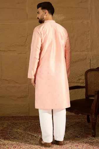 Men peach polyester solid embroidered straight kurta with trouser