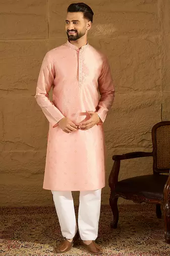 Men peach polyester solid embroidered straight kurta with trouser