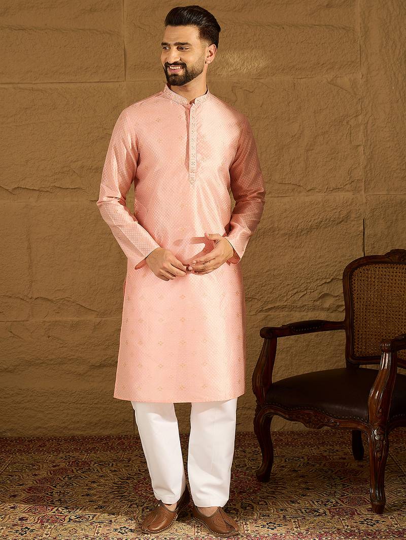 Men peach polyester solid embroidered straight kurta with trouser