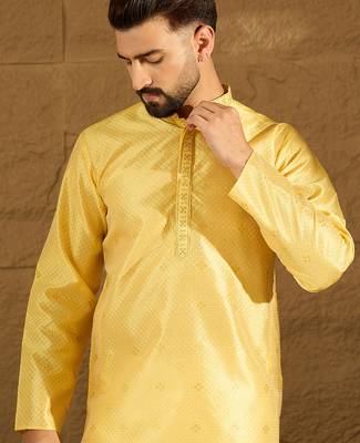 Men yellow polyester solid embroidered straight kurta with trouser 1