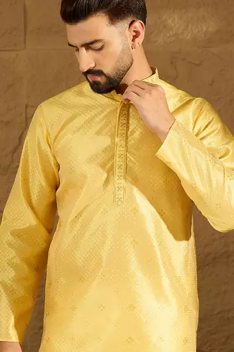 Men yellow polyester solid embroidered straight kurta with trouser