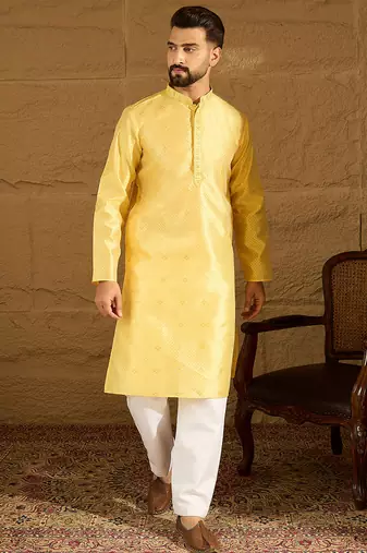 Men yellow polyester solid embroidered straight kurta with trouser