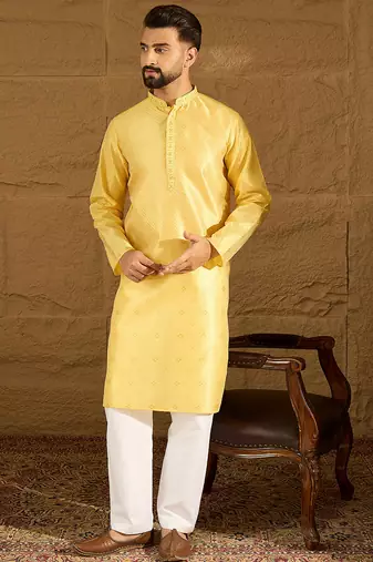 Men yellow polyester solid embroidered straight kurta with trouser