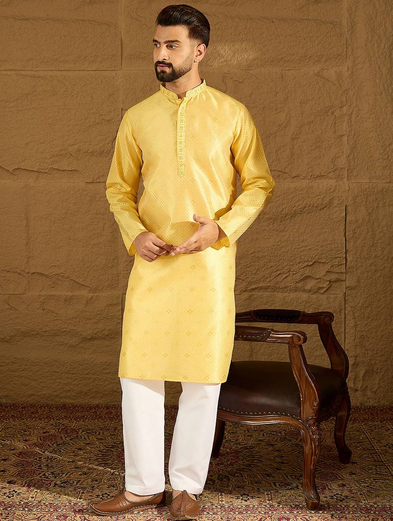 Men yellow polyester solid embroidered straight kurta with trouser