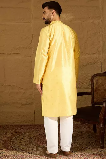 Men yellow polyester solid embroidered straight kurta with trouser