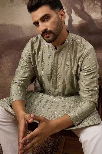 Men green silk blend solid embroidered straight kurta with pant set
