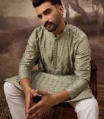 Men green silk blend solid embroidered straight kurta with pant set