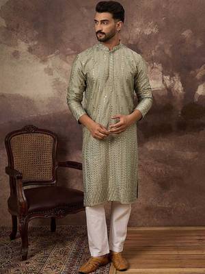 Men green silk blend solid embroidered straight kurta with pant set 2