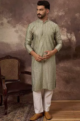 Men green silk blend solid embroidered straight kurta with pant set