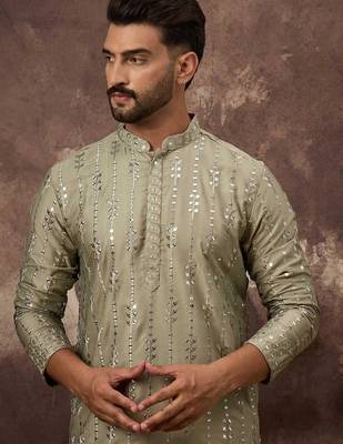 Men green silk blend solid embroidered straight kurta with pant set 3