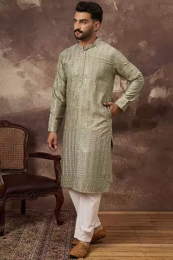Men green silk blend solid embroidered straight kurta with pant set