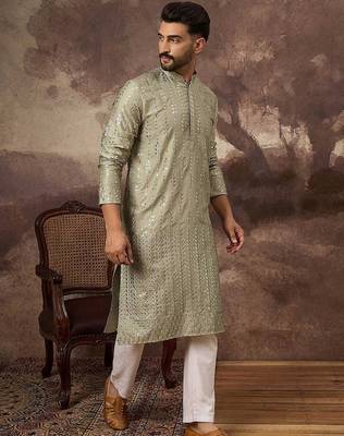 Men green silk blend solid embroidered straight kurta with pant set 5