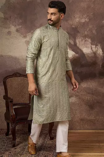Men green silk blend solid embroidered straight kurta with pant set