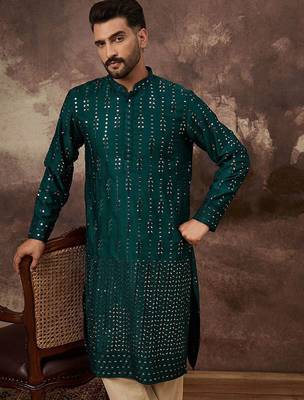Men teal silk blend solid embroidered straight kurta with pant set 1