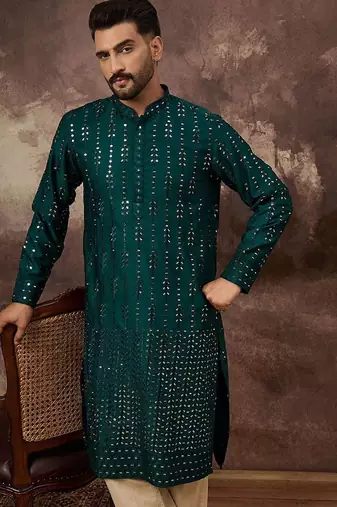 Men teal silk blend solid embroidered straight kurta with pant set