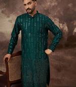 Men teal silk blend solid embroidered straight kurta with pant set