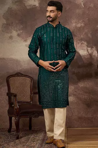 Men teal silk blend solid embroidered straight kurta with pant set